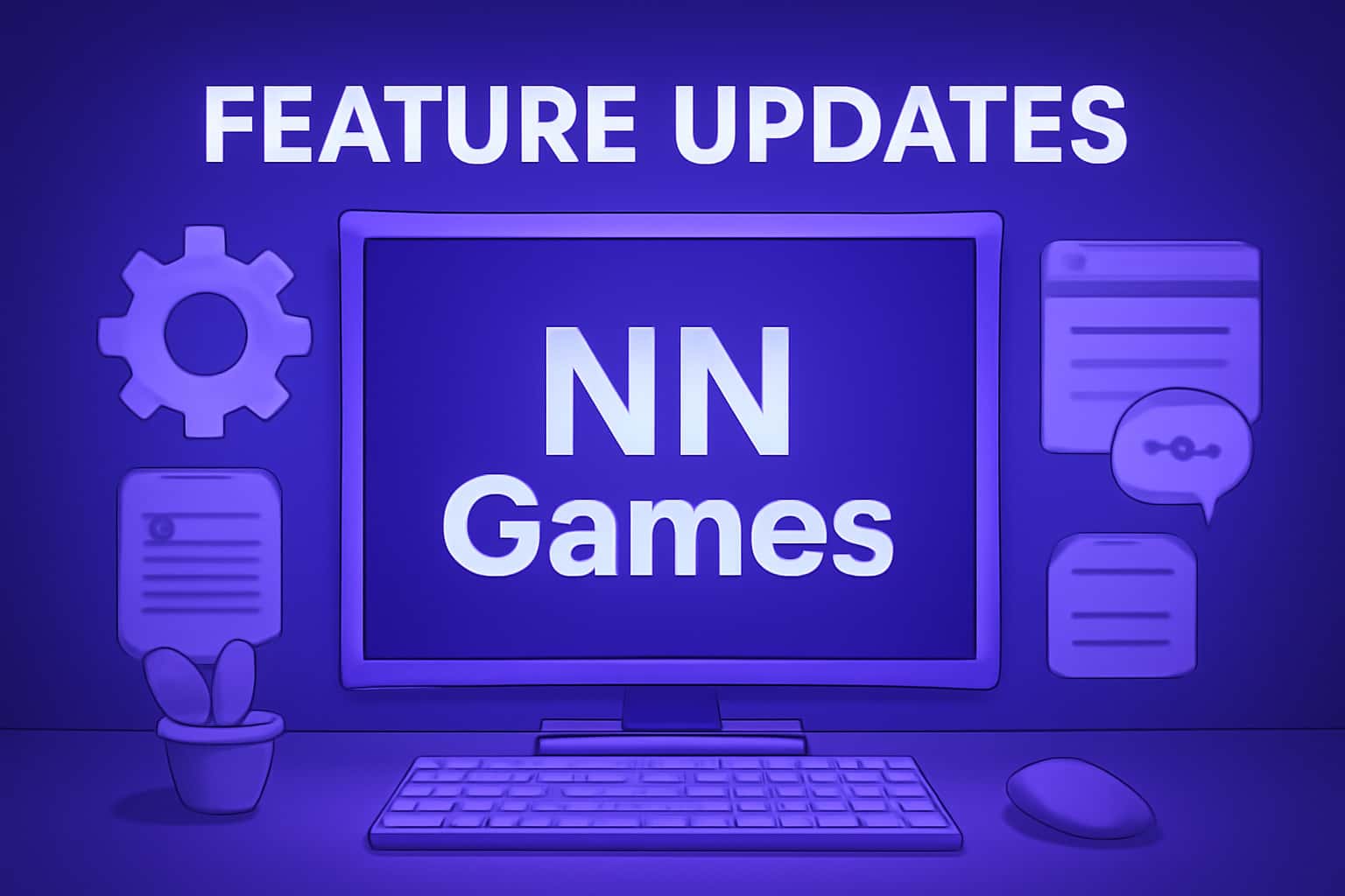 Informational scene depicting feature updates in NN Games with appropriate thematic lighting.